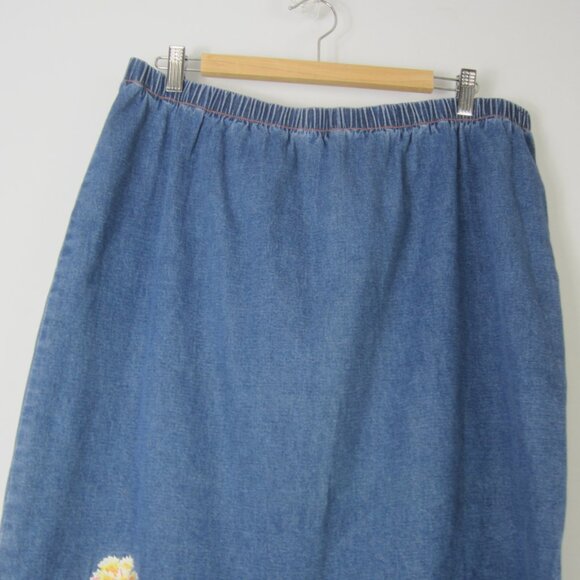 Bob Mackie Womens Plus 1X Blue Jean Denim Long Skirt Embroidered Flowers Midi - Picture 5 of 10
